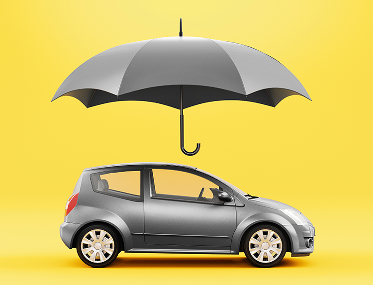 Car and umbrella, insurance concept on yellow background | East St. Louis, IL